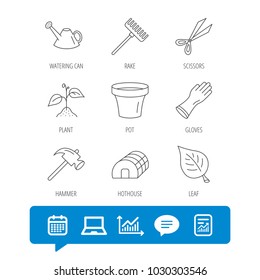 Sprout plant, scissors and pot icons. Gloves, rake and watering can linear signs. Hothouse, leaf and hammer flat line icons. Report file, Graph chart and Chat speech bubble signs. Vector