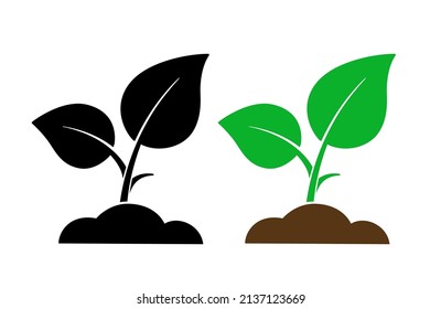 Sprout plant in soil with two leaves. Black and color flat vector icons. Seedling outline sign. - Shutterstock ID 2137123669