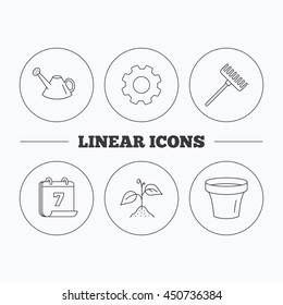 Sprout plant, watering can and pot icons. Rake linear sign. Flat cogwheel and calendar symbols. Linear icons in circle buttons. Vector