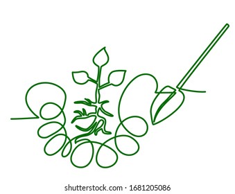 The sprout is planted in a dug ground. A small plant is transplanted in the garden to the garden. Agriculture season. Vector image of one continuous solid line isolated on white background