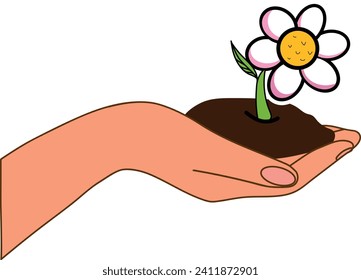 Sprout are planted on the ground in human hands with white background, the concept of plant growth, and environmental protection. 5TH JUNE-World Environment Day. VECTOR 