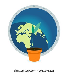 a sprout in a pot near the porthole of the space ship overlooking the earth. plant in space.