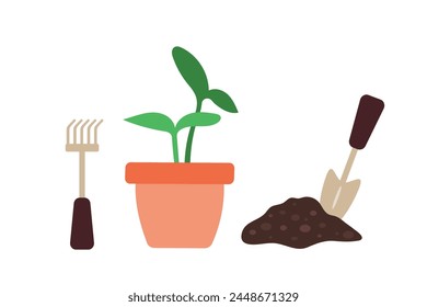 Sprießen in einem Topf, Gemüsesämlinge. Vektorillustration eines Gartenbepflanzungssets mit Schaufel und Harke.