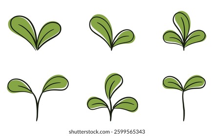 Sprout with rounded leaves set. Seedling and planting design elements. Isolated vector images