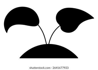 A sprout of seedling broke through the soil. Black silhouette. Two branches with leaves on a handful of earth. Vector illustration. Isolated white background. A seed that has sprouted into a plant. 