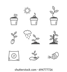 sprout and seeds vector icon set. growing, planting and pouring. modern line art design. gardening illustration.