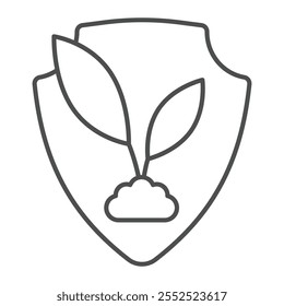 Sprout with shield thin line icon, Safety and ecology concept. Vector graphics. Planet seed growth sign on white background, outline style icon for mobile or web design