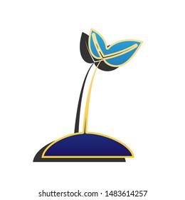 Sprout sign illustration. Blue icon with gold contour with dark gray shadow at white background. Illustration.