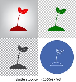 Sprout sign illustration. Vector. 4 styles. Red gradient in radial lighted background, green flat and gray scribble icons on transparent and linear one in blue circle.