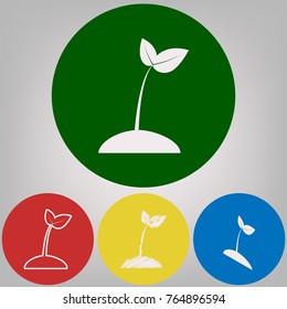 Sprout sign illustration. Vector. 4 white styles of icon at 4 colored circles on light gray background.