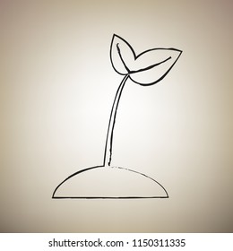 Sprout sign illustration. Vector. Brush drawed black icon at light brown background.