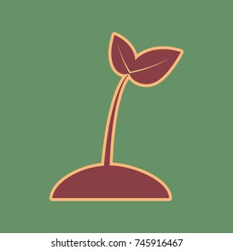 Sprout sign illustration. Vector. Cordovan icon and mellow apricot halo with light khaki filled space at russian green background.