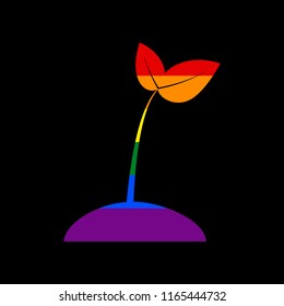 Sprout sign illustration. Vector. Icon with colors of LGBT flag at black background.