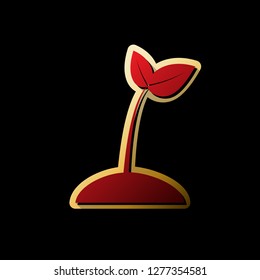Sprout sign illustration. Vector. Red icon with small black and limitless shadows at golden sticker on black background.