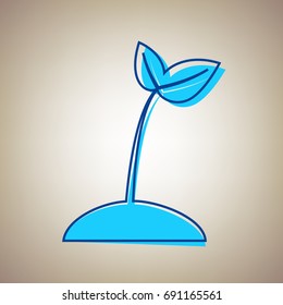 Sprout sign illustration. Vector. Sky blue icon with defected blue contour on beige background.