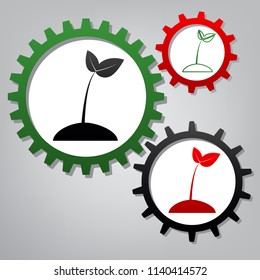 Sprout sign illustration. Vector. Three connected gears with icons at grayish background.