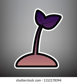 Sprout sign illustration. Vector. Violet gradient icon with black and white linear edges at gray background.