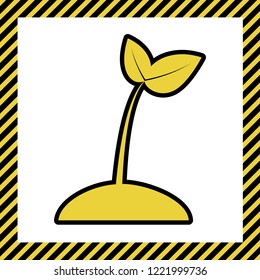 Sprout sign illustration. Vector. Warm yellow icon with black contour in frame named as under construction at white background. Isolated.