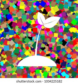 Sprout sign illustration. Vector. White icon on colorful background with seamless pattern from squares.