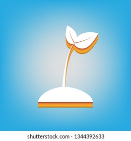 Sprout sign illustration. Vector. White icon with 3d warm-colored gradient body at sky blue background.