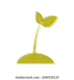 Sprout sign illustration. Vector. Yellow icon with square pattern duplicate at white background. Isolated.