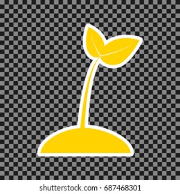 Sprout sign illustration. Vector. Yellow icon with white contour on dark transparent background.
