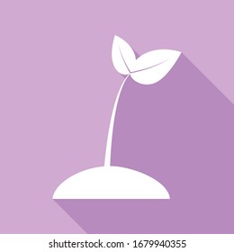 Sprout sign illustration. White Icon with long shadow at purple background. Illustration.