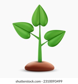 Sprout or small green plant in ground. 3d cartoon design element in minimal style. Vector icon or illustration.