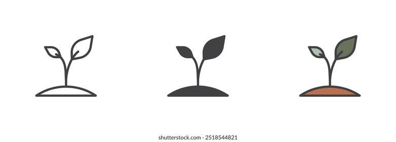 Sprout in soil different style icon set. Line, glyph and filled outline colorful version, outline and filled vector sign. Growing plant symbol, logo illustration. Vector graphics