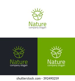 Sprout and sunrise icon. Logo template. Vector illustration.