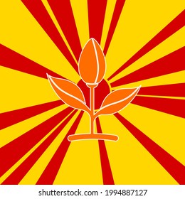 Sprout symbol on a background of red flash explosion radial lines. The large orange symbol is located in the center of the sun, symbolizing the sunrise. Vector illustration on yellow background