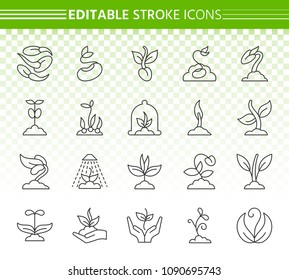 Sprout thin line icons set. Outline web sign kit of seeds. Sprout linear icon collection includes flower, soil, planting. Simple clear vector symbol. Editable stroke without fill