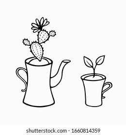 A sprout with two leaves in a tea cup and a blooming cactus in a teapot set. The concept of the  spring. Hand drawn home plants doodle line art. Stock vector illustration isolated on white background.