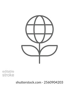 Sprout and world globe icon. Simple outline style. Planet plant leaf bio eco, green, global, protect, save nature, environment concept. Thin line symbol. Vector illustration isolated. Editable stroke.