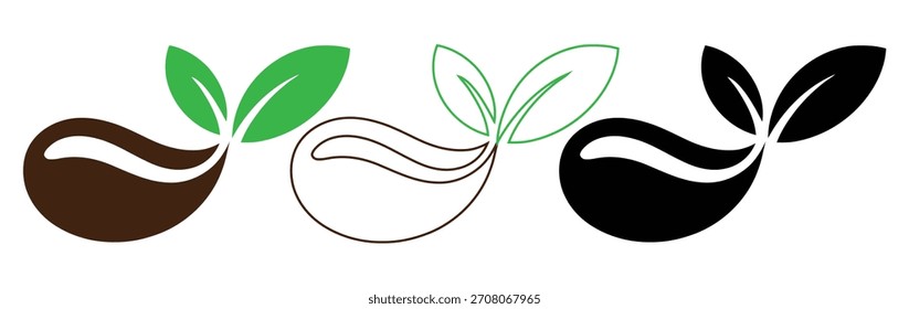 Icono de grano germinado. germinación de semillas. agricultura orgánica y agricultura. Imagen de Vector aislada en estilo simple, tres íconos de semillas germinadas para conceptos de crecimiento de primavera,