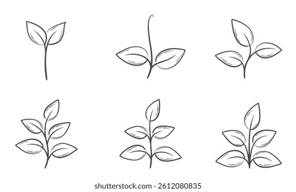 Sprouted plant line illustration set. Nature, spring and planting design elements. Isolated vector images