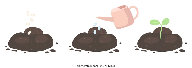 Sprouting. Green sprout growing out from soil isolated on white background. Growing plant seeds with green leaves. Agriculture, ecology, environment cartoon flat vector. Symbol of life and development