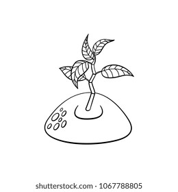 Sprouting from ground seedling, sapling icon. Illustration with forest, garden plant. Vector monochrome sketch spring or summer, ecology and environment symbol on isolated background.