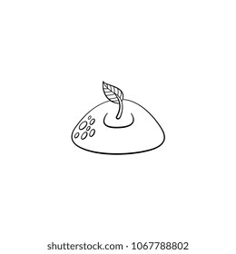 Sprouting from ground seedling, sapling with one leaf icon. Monochrome illustration with forest, garden plant. Vector sketch spring or summer, ecology and environment symbol on isolated background.
