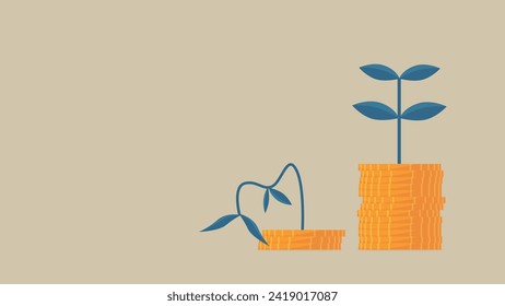 It is sprouting from a pile of coins. There is  withered bud.