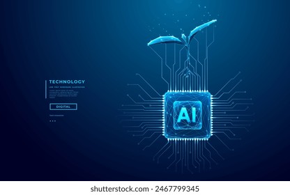 Sprouting Plant and AI chip in blue. Artificial Intelligence evolution concept. Abstract digital technology background. Data digital tree and circuit board. Low poly wireframe Vector illustration. 