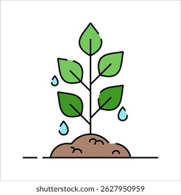 Sprouting Plant Flat design style, young plant growing from soil with water drops, ideal for sustainability, growth, and eco learning designs.