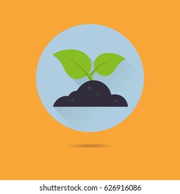 sprouting plant in heap of soil flat design long shadow vector icon