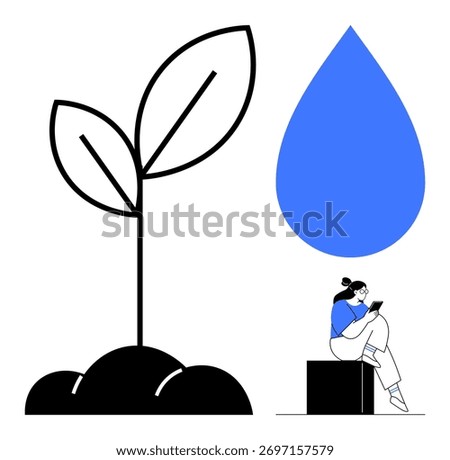 Sprouting plant and a large blue water droplet with a person in blue attire using a tablet. Ideal for growth, education, sustainability, technology, learning, nature, and innovation themes. Line