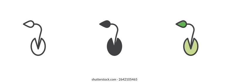 Sprouting seed in soil depicted in line, solid and filled outline icon style. Vector growth symbol icon set. Represents planting and germination stages.