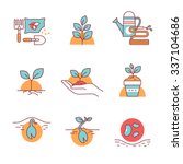 Sprouting seeds and home gardening Thin line art icons. Flat style illustrations isolated on white.