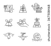 Sprouting seeds and home gardening Thin line art icons. Linear style illustrations isolated on white.