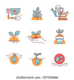 Sprouting Seeds And Home Gardening Thin Line Art Icons. Flat Style Illustrations Isolated On White.