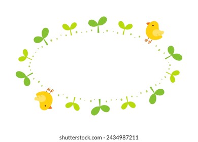 Sprouts with cute chicks ellipse frame isolated on white background.