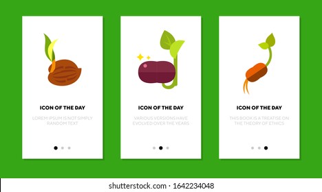 Sprouts flat icon set. Grain, bean, nut, seedling isolated sign pack. Growing, germinate, botany, raw food diet concept. Vector illustration symbol elements for web design